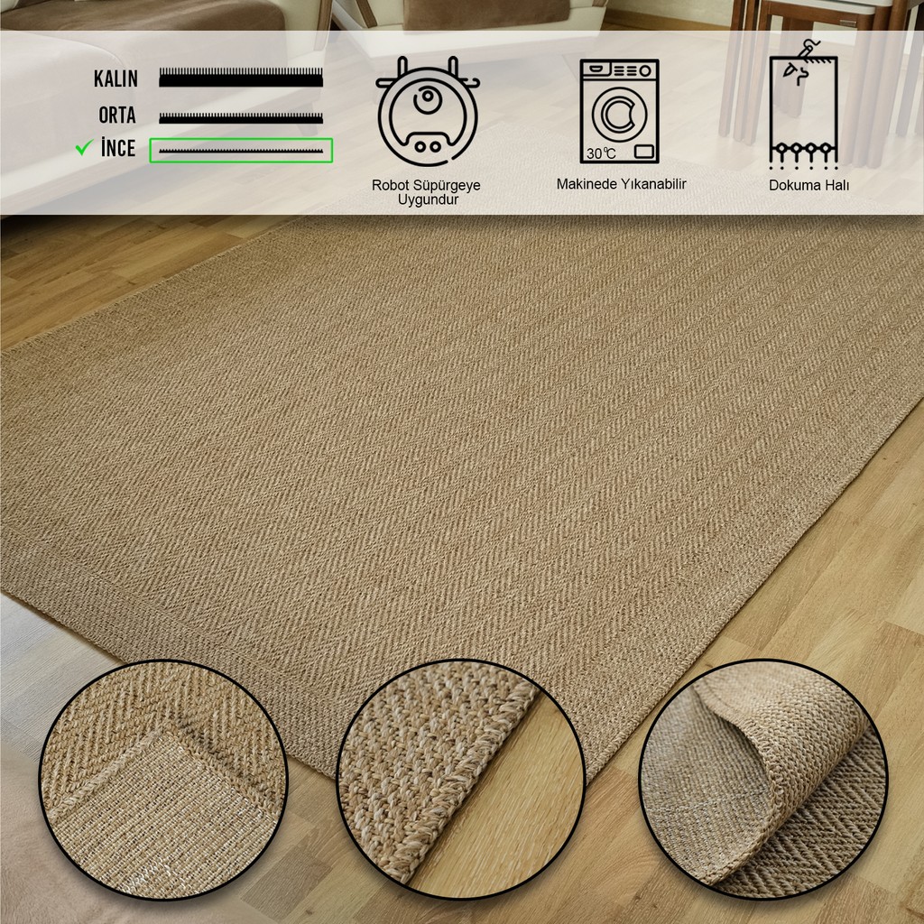 Simerev Halı Bohem Dokuma Jüt Hasır Kaymaz Taban Yıkanabilir Antialerjik Yolluk Kilim - 120 x 170 cm - Bej Salon Halısı Fiyatı