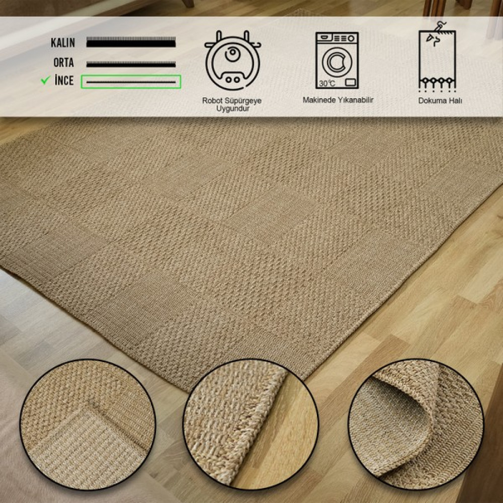 Simerev Halı Bohem Dokuma Jüt Hasır Kaymaz Taban Yıkanabilir Antialerjik Yolluk Kilim - 80 x 150 cm - Açık Kahverengi Kilim Fiyatı