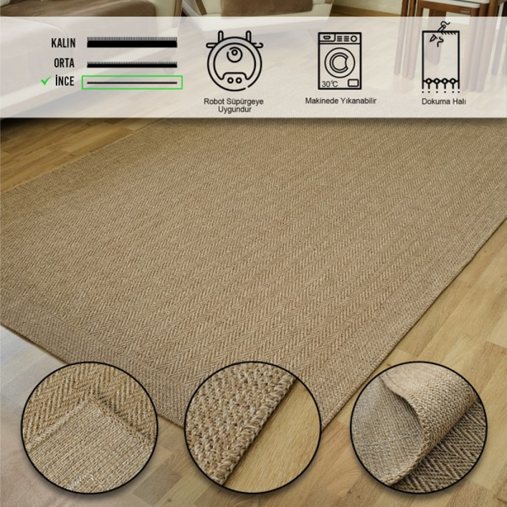 Simerev Halı Bohem Dokuma Jüt Hasır Kaymaz Taban Yıkanabilir Antialerjik Yolluk Kilim - 80 x 150 cm - Bej Kilim Fiyatı