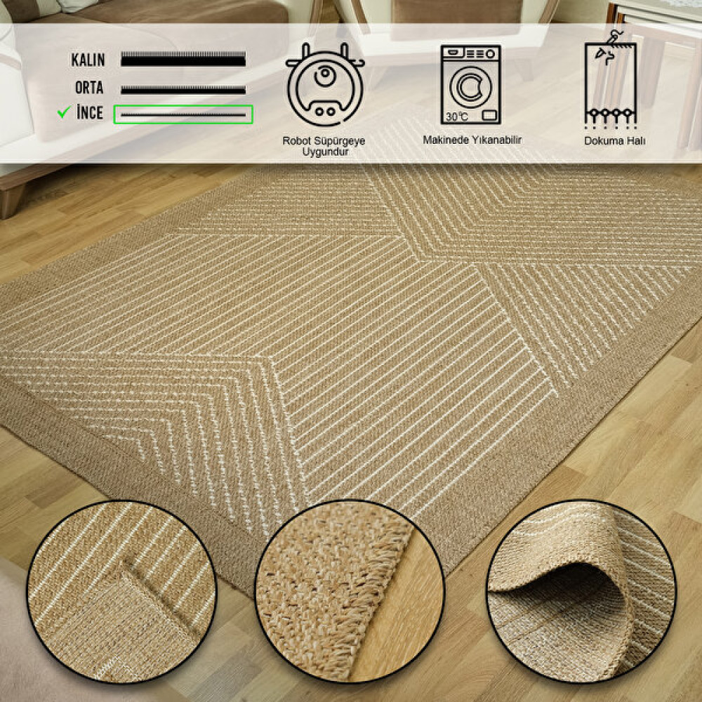 Simerev Halı Bohem Dokuma Jüt Hasır Kaymaz Taban Yıkanabilir Antialerjik Yolluk Kilim - 80 x 300 cm - Bej - Beyaz Kilim Fiyatı