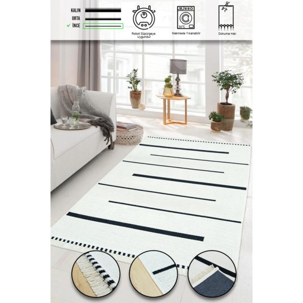 Simerev Halı Iskandinav Kaymaz Taban Saçaklı Dokuma Örgü Yıkanabilir Salon Oturma Odası Yolluk Kilim - 80 x 150 cm - Siyah Kilim Fiyatı