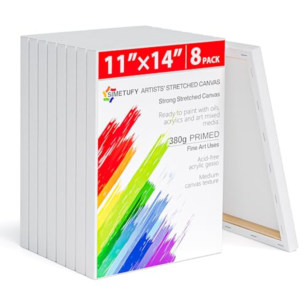 Simetufy Stretched Canvas for Painting 11x 14 inch 8 Pack 13.4 Oz Heavy-Weight, Triple Primed 5/8" Profile 100% Cotton White Blank Canvases for Oil Paint, Acrylic Pouring Tuval Fiyatı