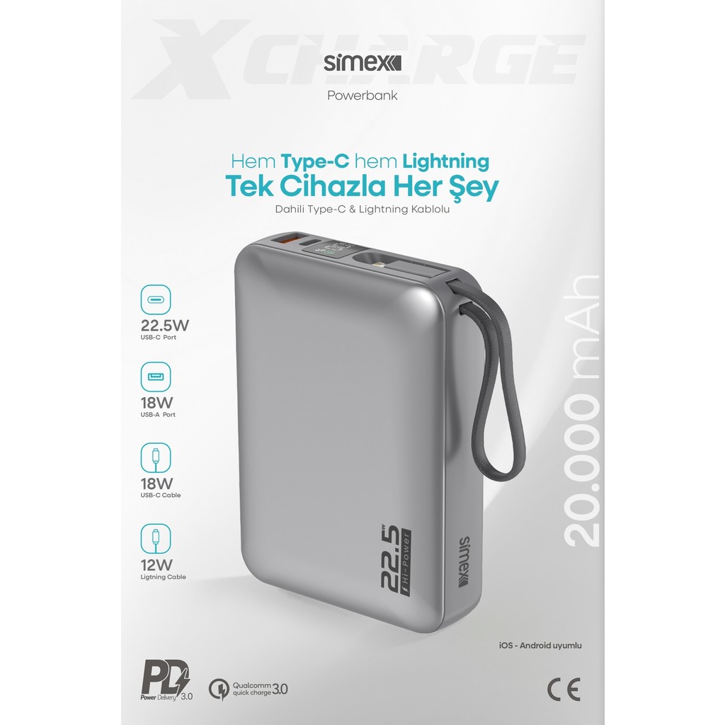 Simex 20.000 mAh 22,5W/PD Hızlı Şarj Kendinden Kablolu ve Şarj Göstergeli Taşınabilir Powerbank - Gri Cep Telefonu Şarj Cihazı Fiyatı