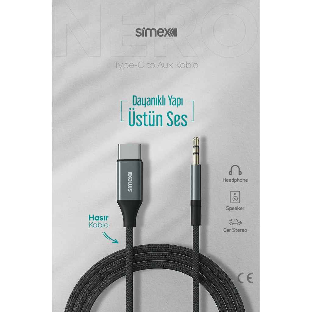 Simex Type C DAC 3.5mm Kumaş Aux Ses Kablosu Stereo Destekli 1.1m Nero - 0 - Siyah Bilgisayar Çevirici ve Adaptörü Fiyatı