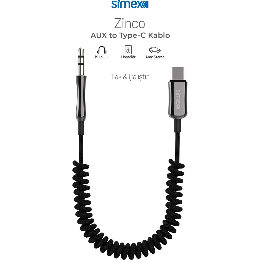 Simex Type-C to 3.5mm Tak Çalıştır Kumaş Spiralli AUX Kablosu Örgülü Kumaş SA-01 - Siyah Bilgisayar Çevirici ve Adaptörü Fiyatı