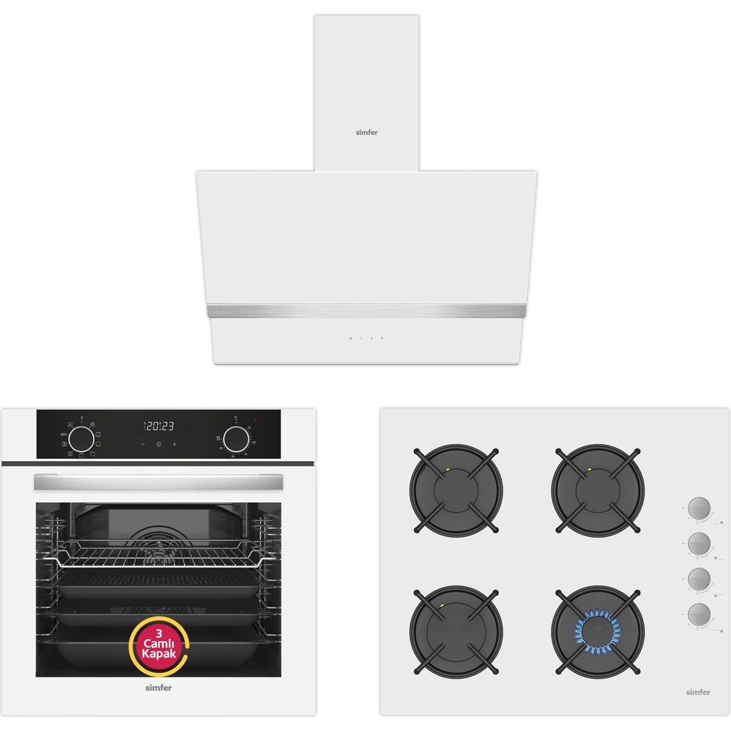 Simfer 10 Fonksiyon Airfry Beyaz Ankastre Set (8216 Fırın + 3507 Ocak + 8739 Davlumbaz) Davlumbazlar Fiyatı
