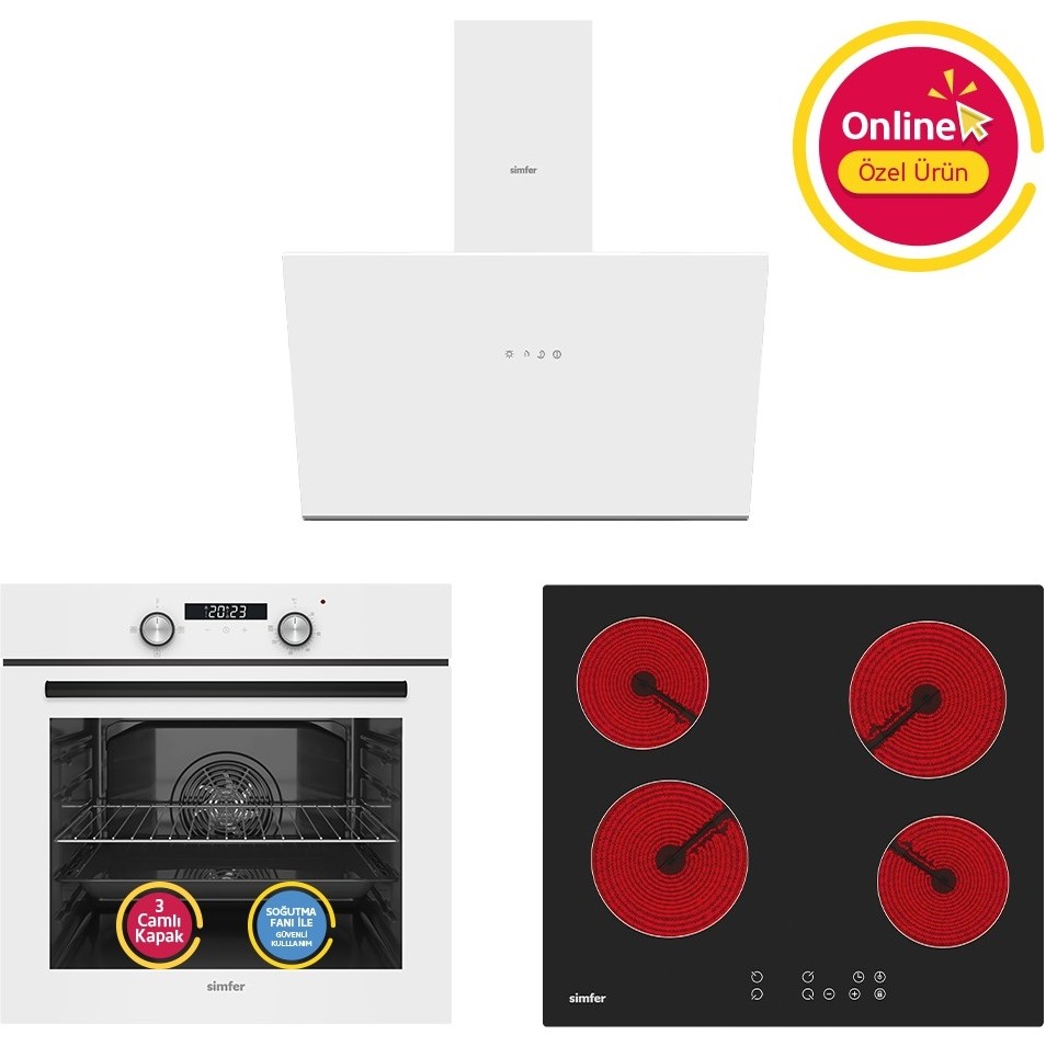 Simfer Ankastre Set Beyaz Dijital Elektrikli Cam Ocaklı Turbolu 3'lü Set (Fırın+Elektrikli Ocak+Davlumbaz) - Siyah - Gri Davlumbazlar Fiyatı