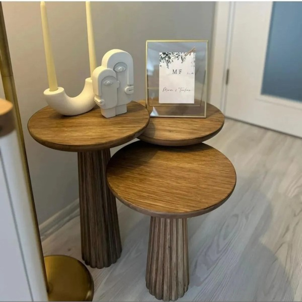 Simillo Home & Living Wood 3’Lü Set Mantar Yan Sehpa Modern Ahşap Ceviz Renk Fiskos / Çiçeklik Yan Sehpa Fiyatı