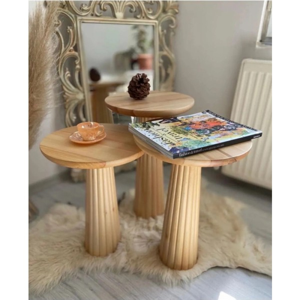 Simillo Home & Living Wood Ahşap 3’Lü Set Fitilli Mantar Yan Sehpa Modern Fiskos / Çiçeklik Yan Sehpa Fiyatı
