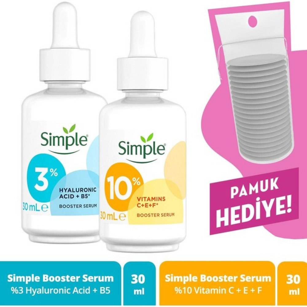 Simple Booster Serum %10 Vitamin C+F+E 30 ml + Booster Serum %3 Hyaluronic Acid + B5 30 ml + Pamuk Anti-Aging / Yaşlanma Karşıtı Fiyatı