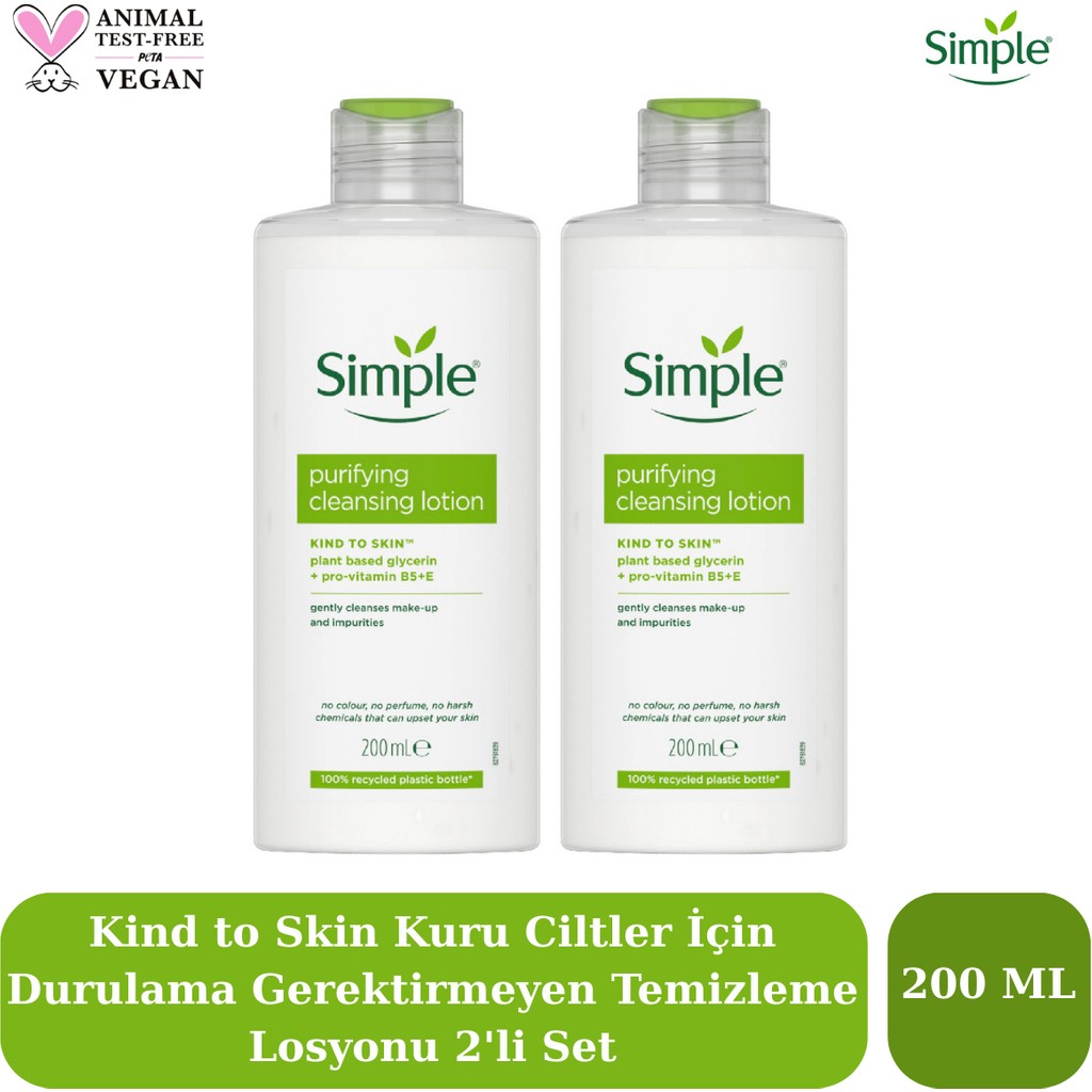 Simple Hassas Ciltler İçin Arındırıcı Durulama Gerektirmeyen Makyaj Temizleme Losyon 200 ml 2'li Set Diğer Fiyatı