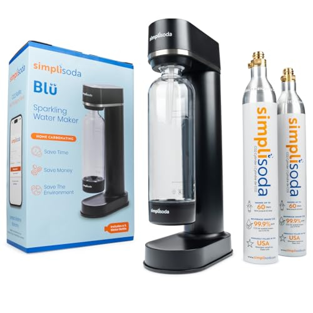 Simpli Soda BLÜ Sparkling Water Maker, Premium Soda Streaming Machine, Carbonated Water Machine and Soda Maker - Black (Machine + 2 CO2 Cylinders)
