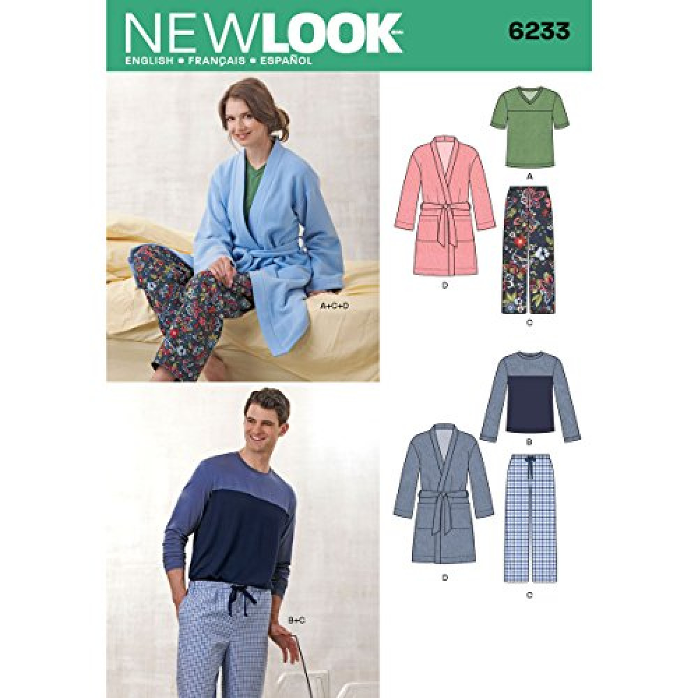 Simplicity Creative Patterns New Look 6233 Unisex Pants, Robe and Knit Tops, A (X-Small-Small-Medium-Large-X-Large)