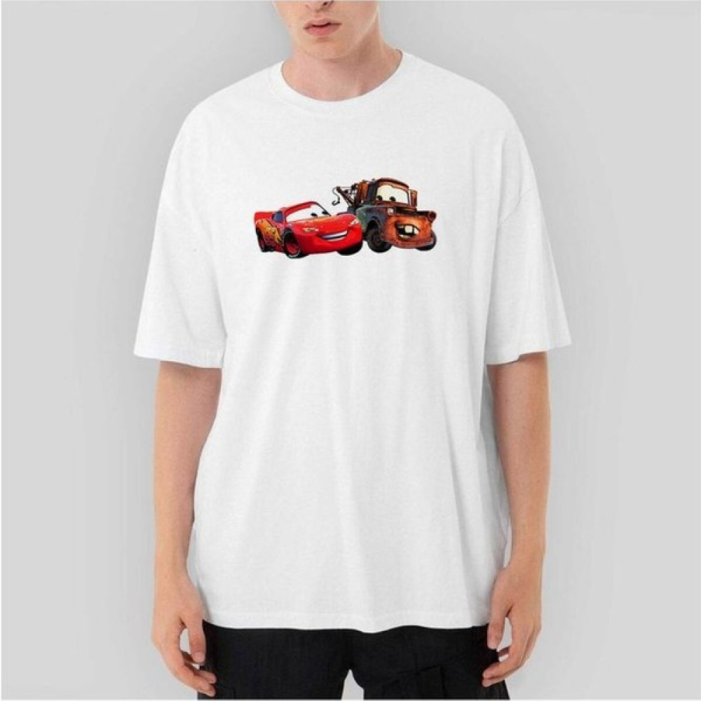 Şimşek Mcqueen ve Tow Mater Arabalar Oversize Beyaz Tişört M Erkek T-shirt Fiyatı