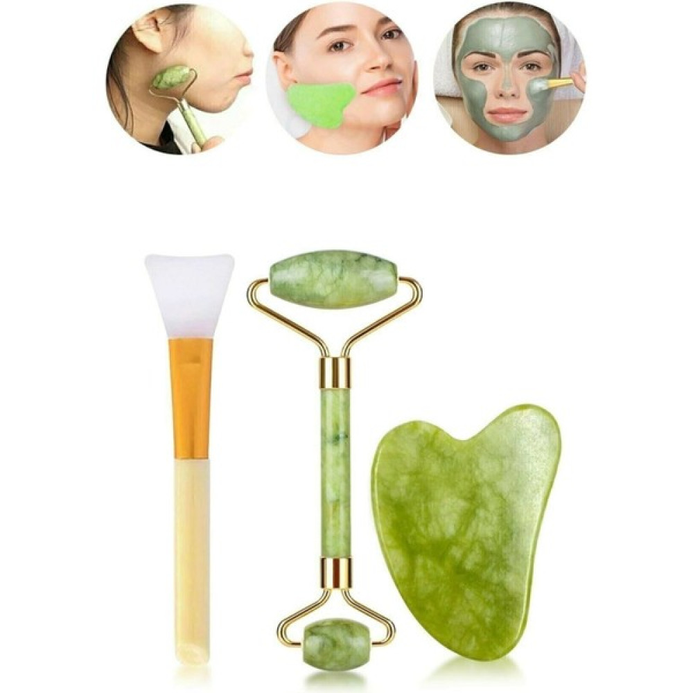 Sin@rasta 3'lü Cilt Bakım Seti Yeşim Taşı + Gua Sha Masaj Taşı + Maske Sürme Aparatı - Yeşil Masaj Cihazları Fiyatı
