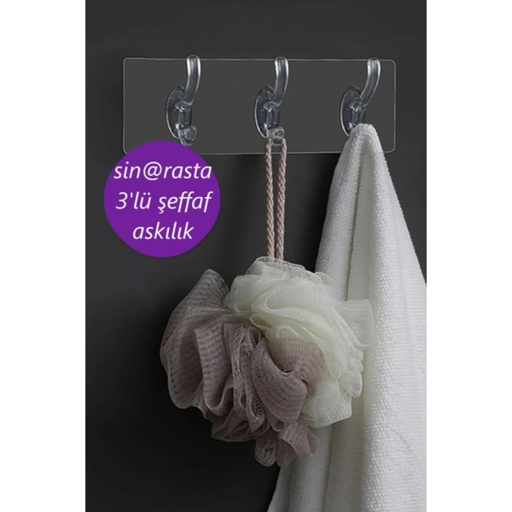 Sin@rasta 3'lü Şeffaf Güçlü Kendinden Yapışkanlı Kapı Duvar Askısı Ağır Yük Taşıma Askısı | 3'lü Kancalı Askı Banyo Askılık Fiyatı