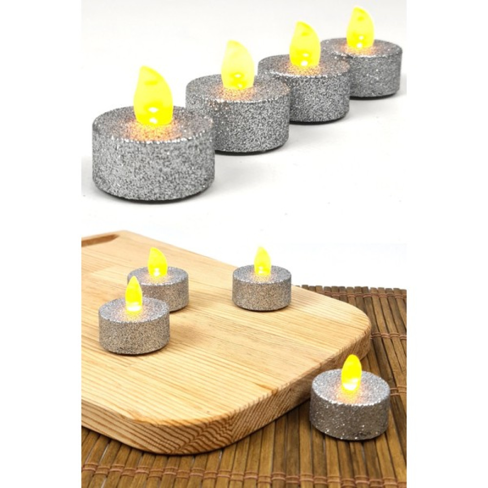 Sin@rasta Pilli Tealight Mum 4 Adetli Simli Parlak Gövde Titreyen Alevli Mum Piller Dahil 80 Saat-Gümüş Renk - Gümüş - 4 Adet Dekoratif Mum Fiyatı