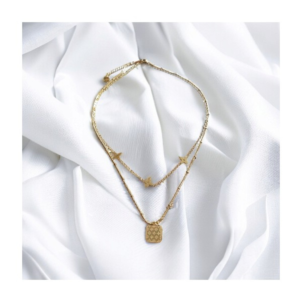 Sin Jewelry Yonca Detaylı Ikili Zincir Kolyeli Lv Model Gold Çelik Kolye Altın Kolye Fiyatı