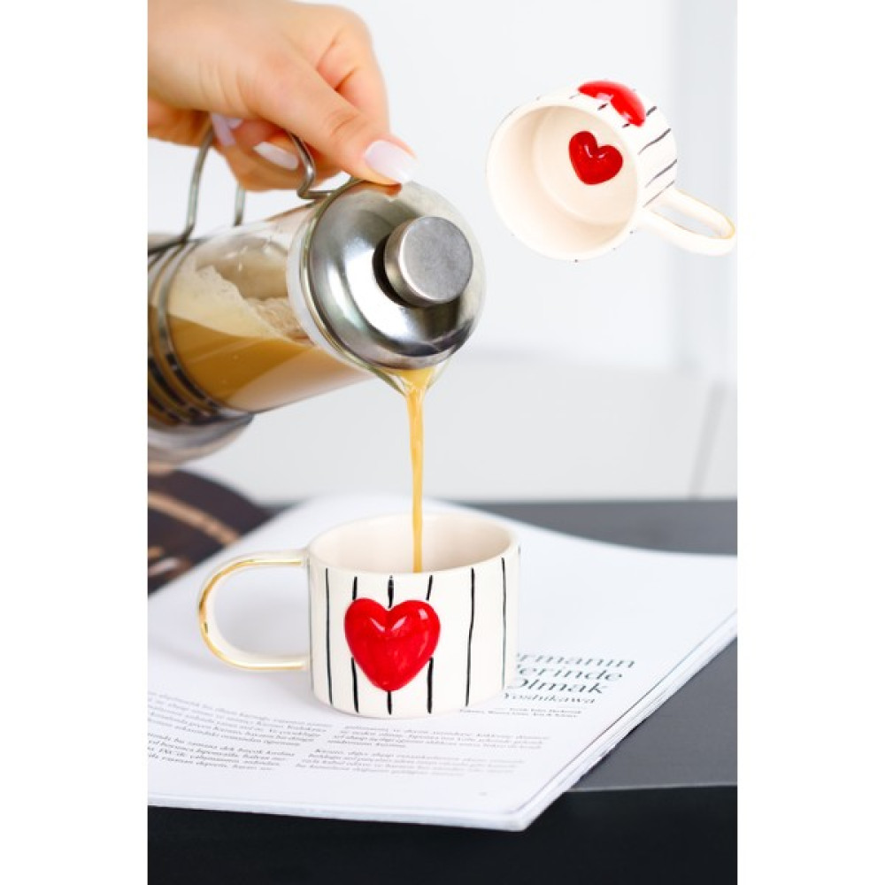 Sinem Yaman Home Içi Kalpli Dikey Çizgi Mug/ El Yapımı Seramik Double Mug - Beyaz - 140 ml Oto Boyaları Fiyatı