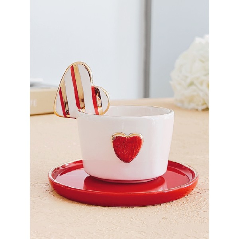 Sinem Yaman Home Kalp Double Seramik Fincan / El Yapımı Seramik Double Fincan - Kırmızı - Beyaz - 180 ml Fincan / Bardak / Kahve Takımı Fiyatı
