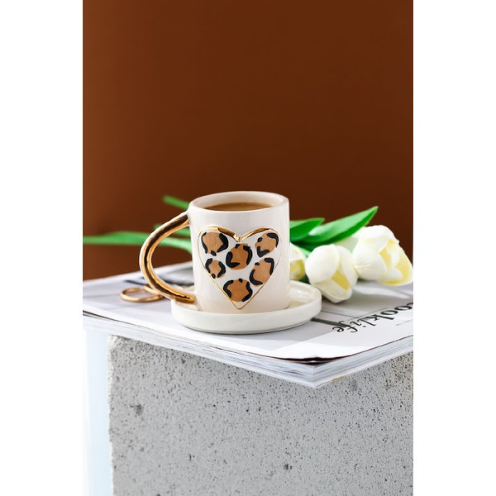 Sinem Yaman Home Leopar Kalp Seramik Fincan / El Yapımı Seramik Fincan - Beyaz - Kahverengi - 100 ml Fincan / Bardak / Kahve Takımı Fiyatı