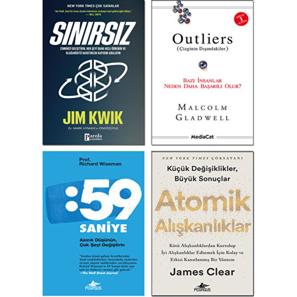 Sınırsız - Jim Kwik - Atomik Alışkanlıklar - James Clear - Outliers - Malcom Gladwell - 59 Saniye - Richard Wiseman – 4’lü Kişisel Gelişim Kitap Seti Kişisel Gelişim ve Psikoloji Fiyatı