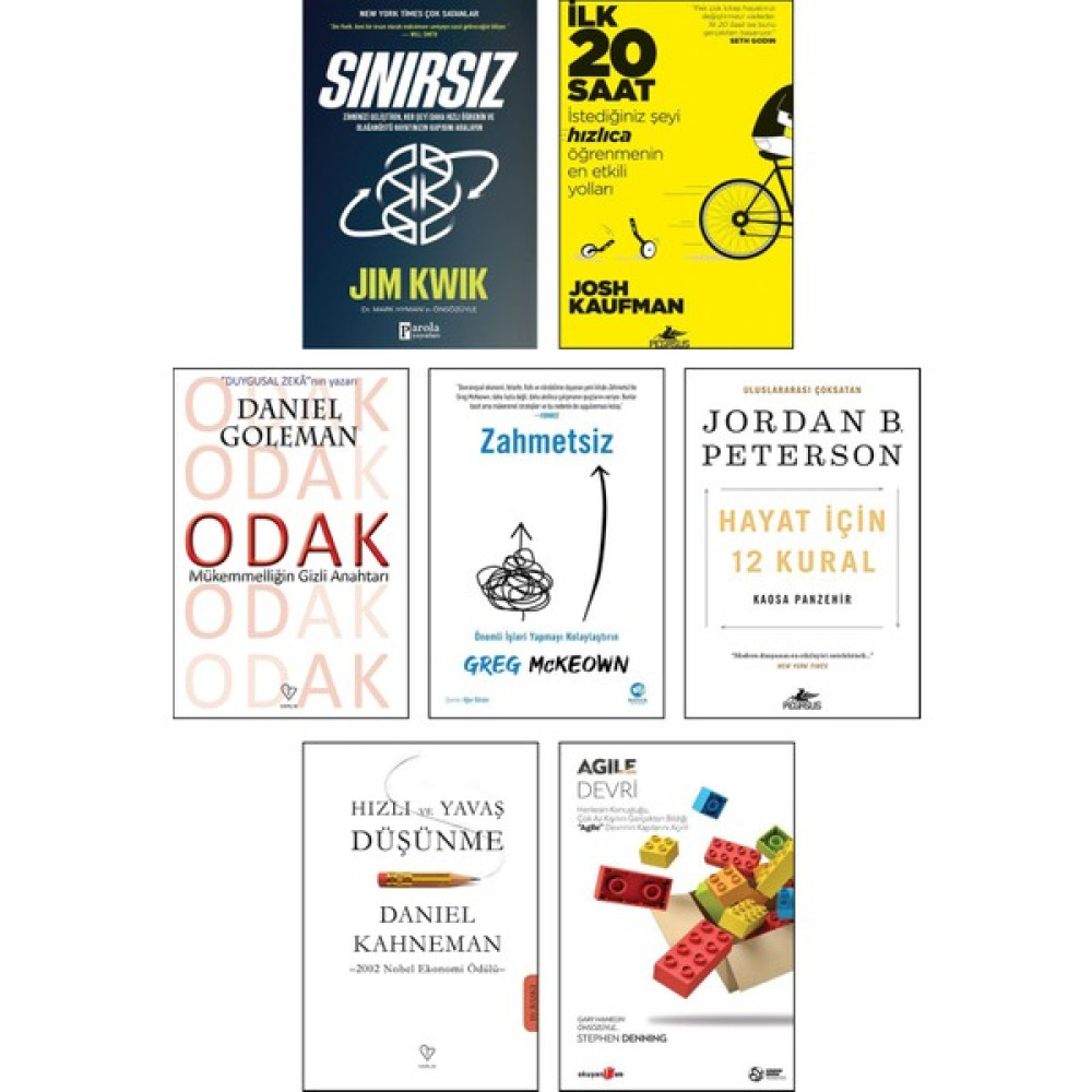Sınırsız (Jim Kwik) + İlk 20 Saat (Josh Kaufman) + Odak (Daniel Goleman) + Zahmetsiz + Hayat İçin 12 Kural + Hızlı ve Yavaş Düşünme (Daniel Kahnema... Kişisel Gelişim ve Psikoloji Fiyatı