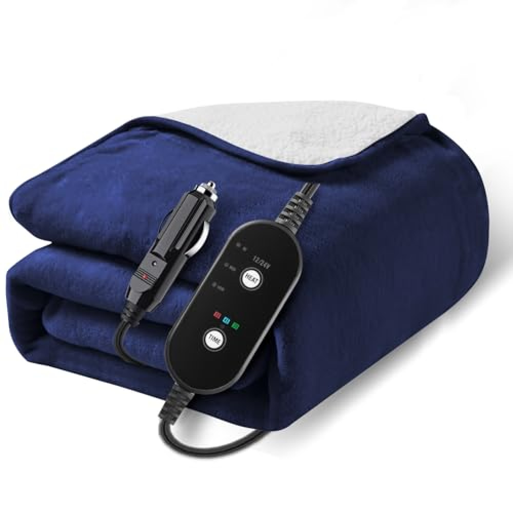 Sino Salected 12V/24V Heated Car Blanket, Machine Washable Electric Blanket, Flannel Heating Throw for Car, SUV, RV Camping, 60" x 44", Hi/M/Lo Heating Settings, 30/45/60 Min Auto-Off Timer,Navy Blue