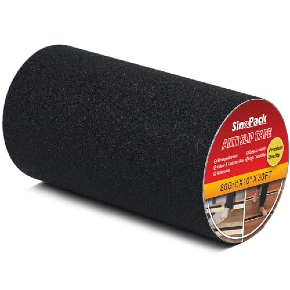SinoPack 10" Anti Slip Tape, Black Non Slip Ramp for Outdoor 10Inch x 30FT Non Skid Tape, Best Grip Non Slip Strips Tape High Traction Friction Abrasive Adhesive for Stairs Step