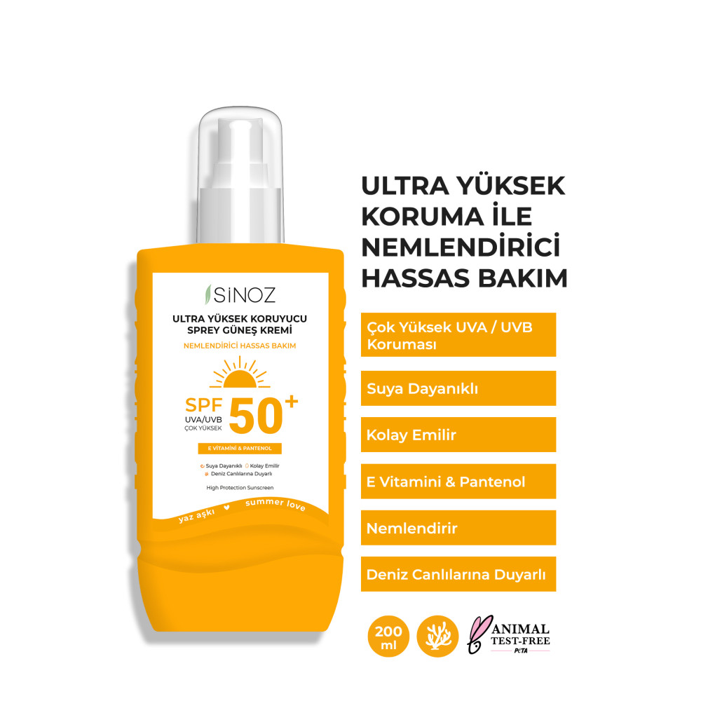 SİNOZ Spf 50 Ultra Yüksek Koruyucu Vücut Güneş Kremi Sprey 200 ml Nemlendirici Hassas Bakım Güneş Kremleri ve Losyonları Fiyatı