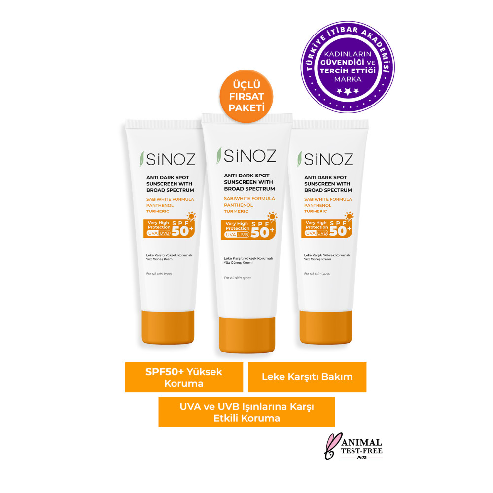 SİNOZ SPF 50+ Yüz Güneş Kremi - Normal ve Kuru Ciltler için Günlük Kullanım 50 ML (3lü Set) Güneş Kremleri ve Losyonları Fiyatı