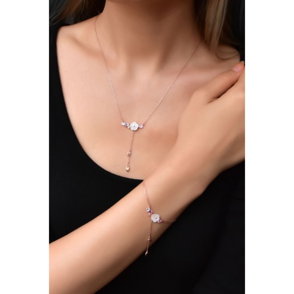 Sinsirella 925 Ayar Gümüş Kaplama Kardelen Çiçeği Kolye Bileklik Set - Standart - Rose Gümüş Kolye Fiyatı