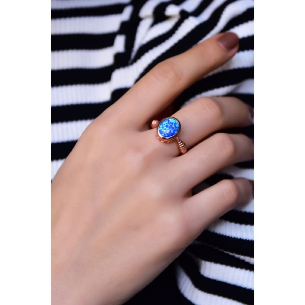 Sinsirella 925 Ayar Gümüş Yüzük Rose Kaplama Ayarlanabilir Dövülmüş Oval Opal Taşlı Yüzük - Rose Gold - Standart Gümüş Yüzük Fiyatı