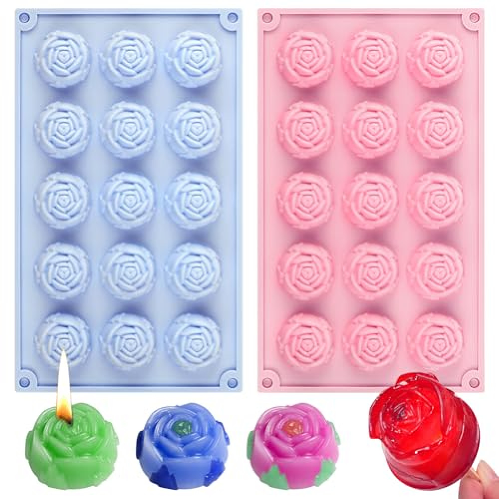 SIQINZONGWA 2PCS Flower Molds Silicone, 15-Cavities Small Rose Flower Silicone Molds, Non-Stick Rose Shape Valentine's Day Mold for Jelly Mini Soap Cake Mousse Ice Cream Tray Baking Molds