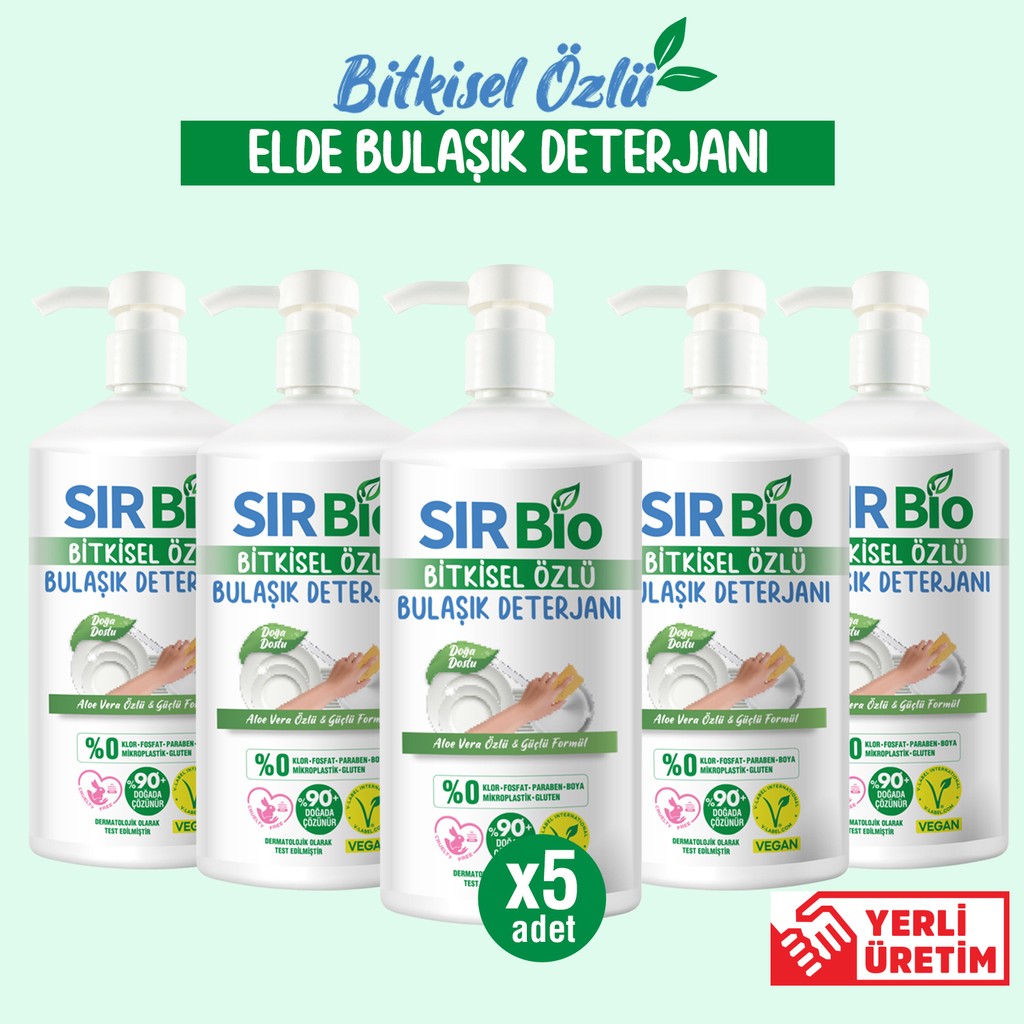 Sır Bio 5 Adet Bitkisel Özlü Elde Bulaşık Deterjanı Pompalı Şişe Aloe Vera İçerikli (1000 ml x 5) Bulaşık Yıkama Fiyatı