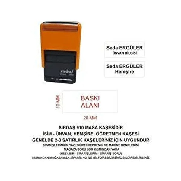 Sırdaş 910 İsim Ünvan Kaşesi Turuncu Renk 10x26 mm 2-3 Satırlık Kullanım İçin SSD / Solid State Drive Fiyatı