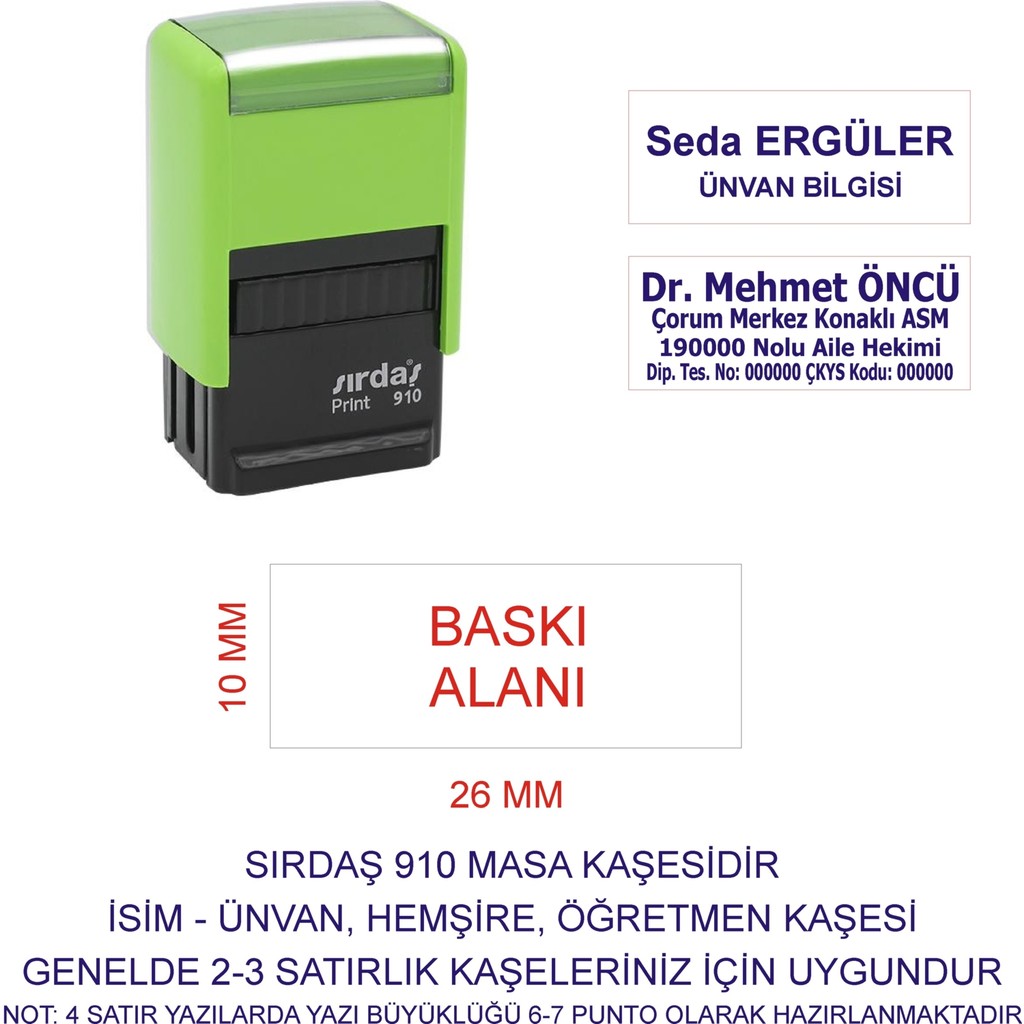 Sırdaş 910 Isim Ünvan Kaşesi - Yeşil Makina - Mavi Mürekkep Diğer Fiyatı