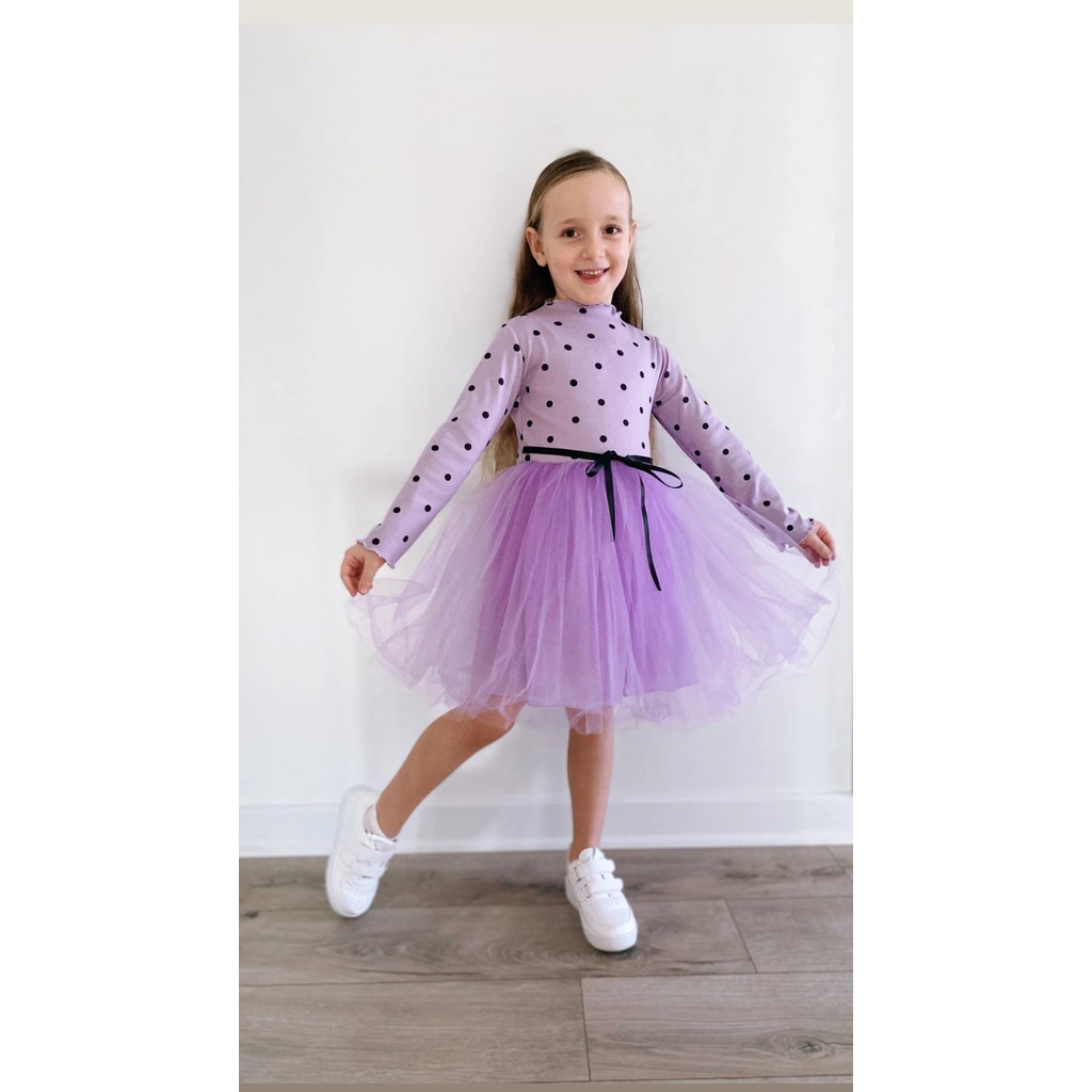 Şirin Şeyler Butiği Linda Kız Çocuk Prenses Kabarık Tütü Lila Elbise Uzun Kol Puantiyeli Esnek Likralı Tüllü Bayramlık Hediyelik Kuromi Giyim & İç Giyim Fiyatı