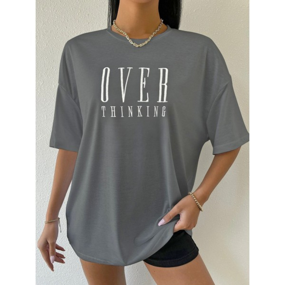 Sirius Tekstil Kadın Antrasit Over Thinking Baskılı Oversize T-Shirt S2123 Bayan T-shirt Fiyatı