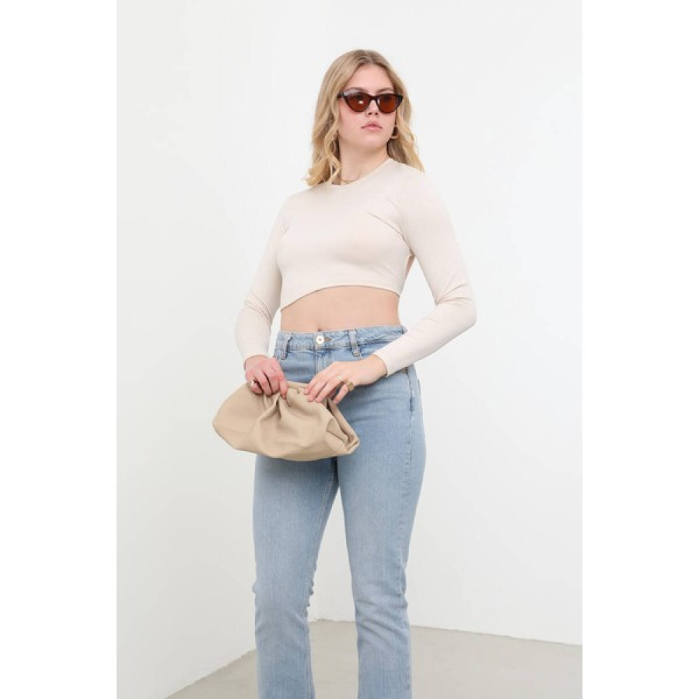 Sırt Dekolteli Ip Bağlamalı Crop Top Bej Bluz Fiyatı