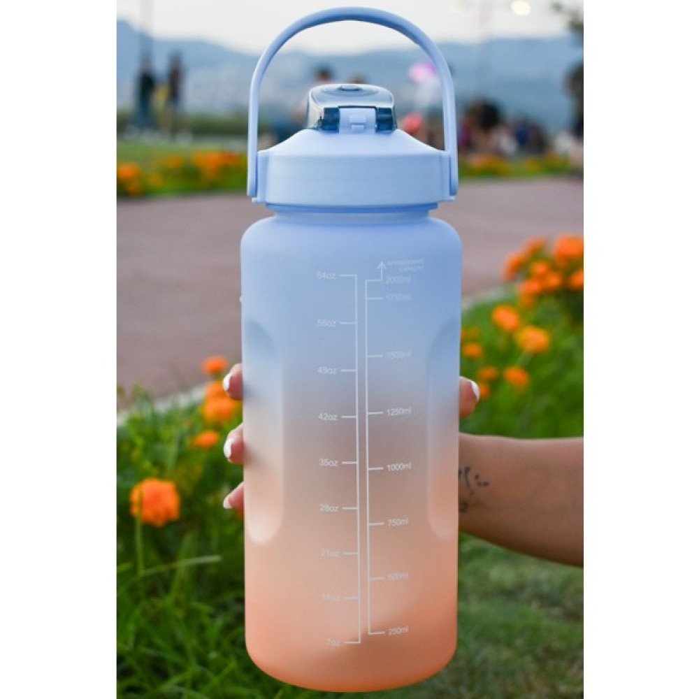 Şişe Deposu 2 Litre Motivasyon Açık Mavi-Turuncu Su Matarası Pipetli Motive Edici Suluk-Sticker, 3D Sticker Hediyeli Suluk Fiyatı
