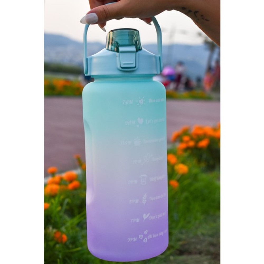 Şişe Deposu 2 Litre Motivasyon Yeşil-Mor Su Matarası Pipetli Motive Edici Suluk-Sticker, 3D Sticker Hediyeli Suluk Fiyatı