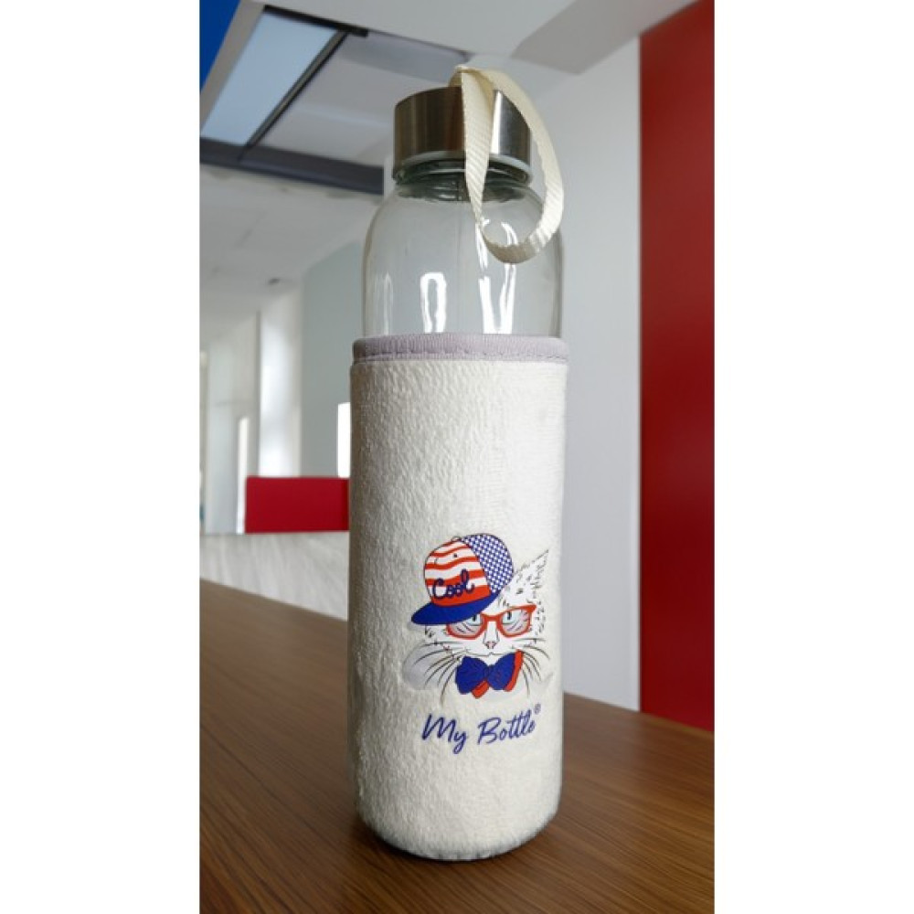 Şişe Deposu 500 ml Krem Rengi Figürlü Peluş Kılıflı Cam Matara Mor Kedili Suluk Cam Motivasyonel Matara Suluk Fiyatı