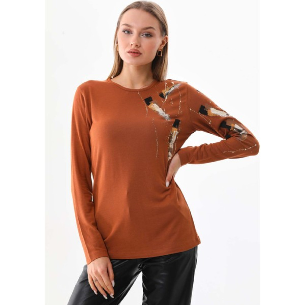 Sistas Kadın Desenli Bisiklet Yaka Uzun Kol Bluz 23598 Camel Bluz Fiyatı
