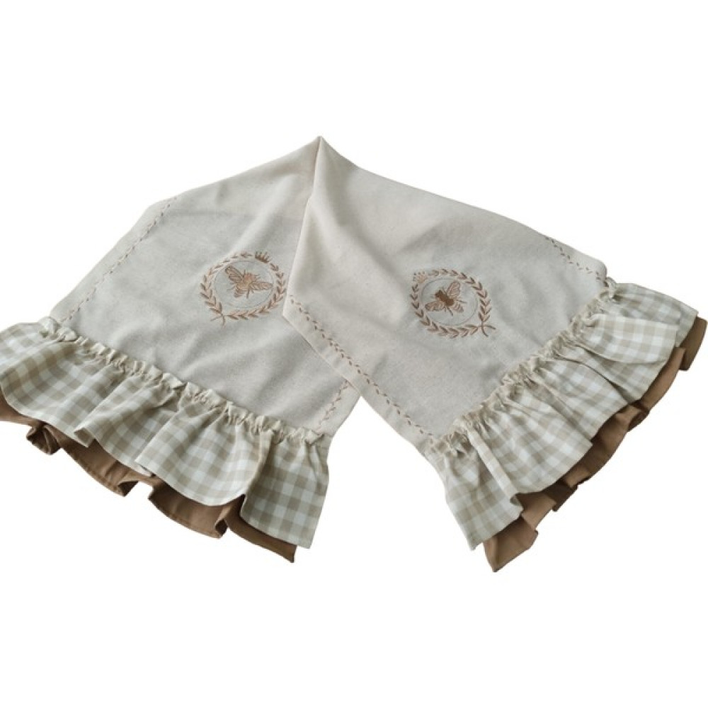Sister Home Design Arı Gucci Model Nakışlı, Fırfırlı, Buldan Keten Runner & Ranır - Ekru - Bej - 45 x 140 cm Masa Örtüsü Fiyatı