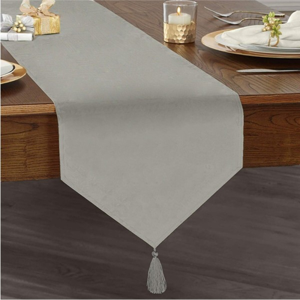 Sister Home Design Gri Taş Renkli Üçgen Püsküllü Ranır - Runner - 45 x 145 cm - Açık Gri Masa Örtüsü Fiyatı
