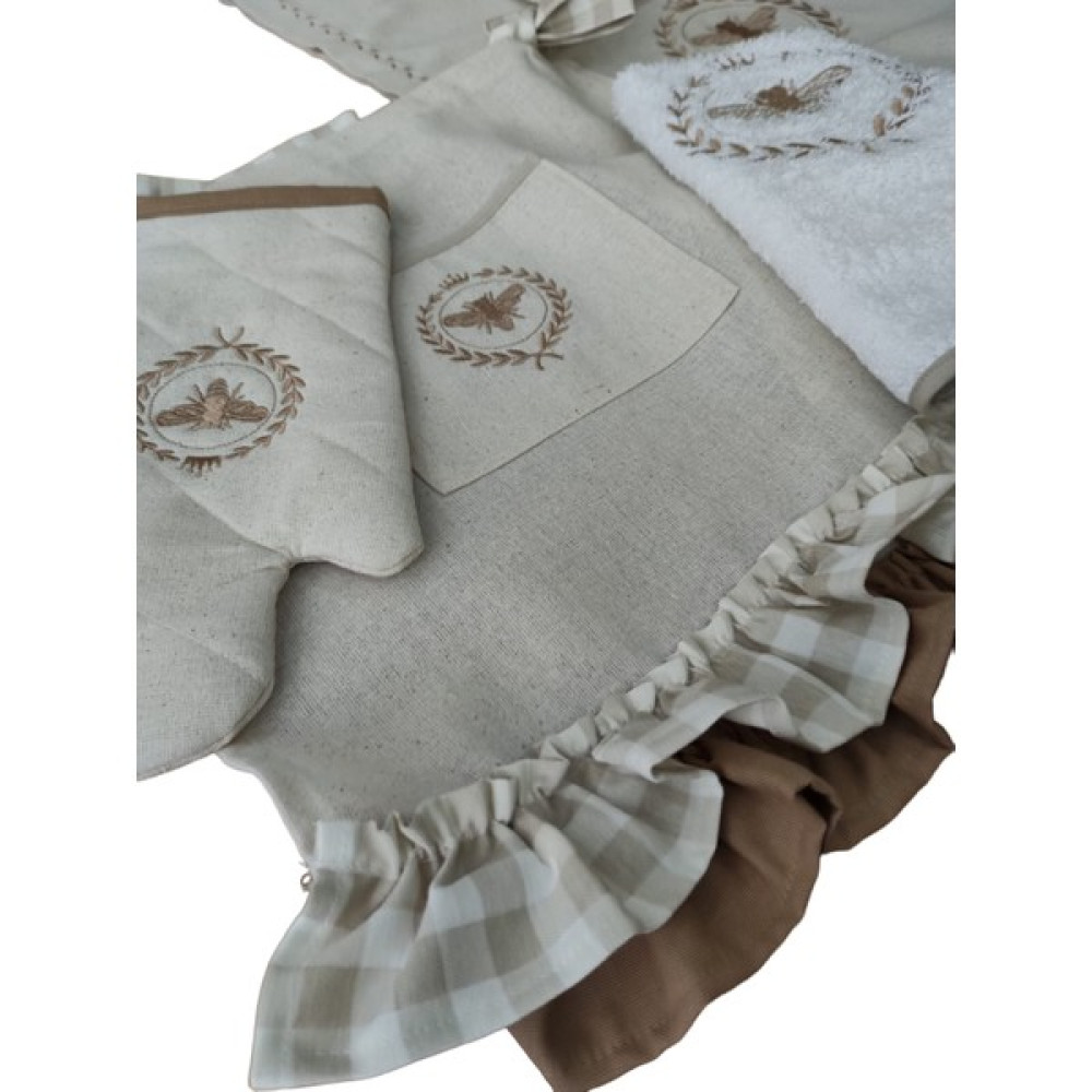 Sister Home Design Nakışlı, Fırfırlı, Buldan Keten Seti 4'lü (Fırın Örtüsü, Runner, Eldiven, Havlu) Mutfak Tekstili Seti Fiyatı