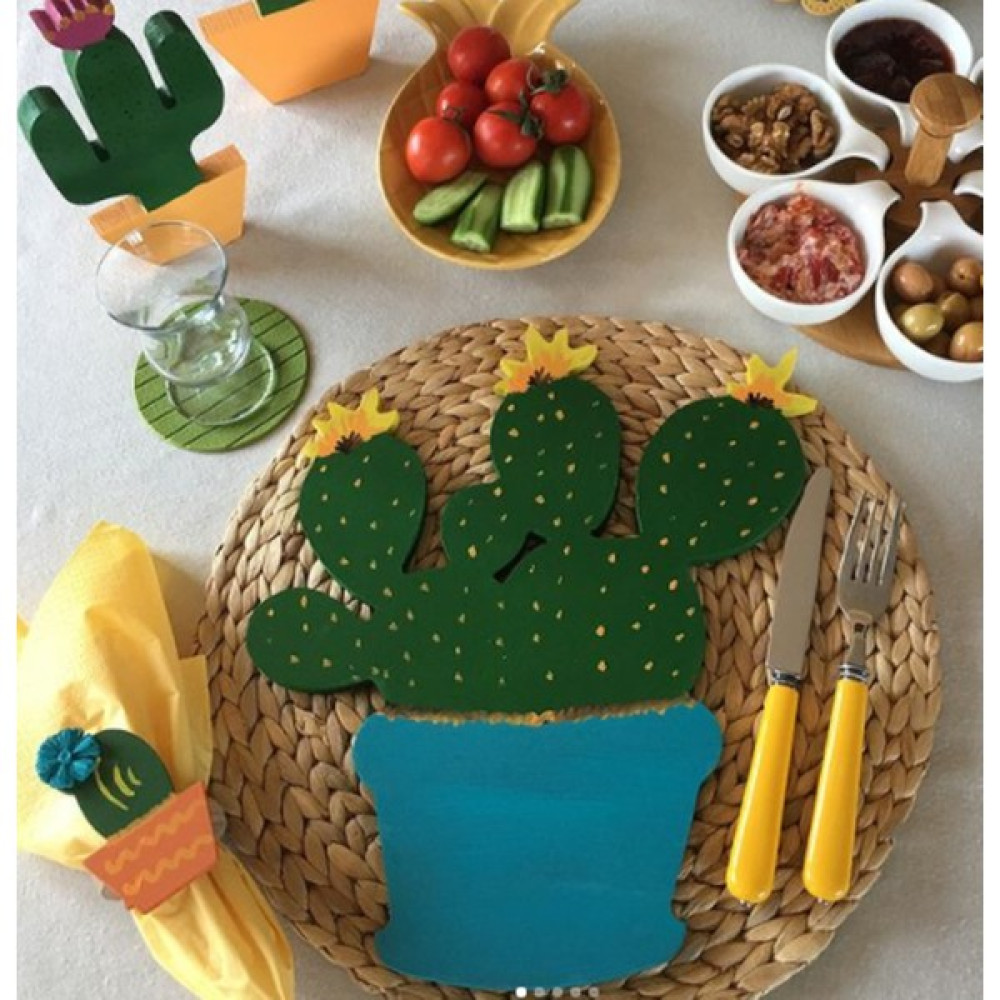 Sister Home Design Turkuaz Kaktüs Ahşap Supla - Amerikan Servis - Tabak Altı - Yeşil - 32 x 32 cm Amerikan Servis Fiyatı