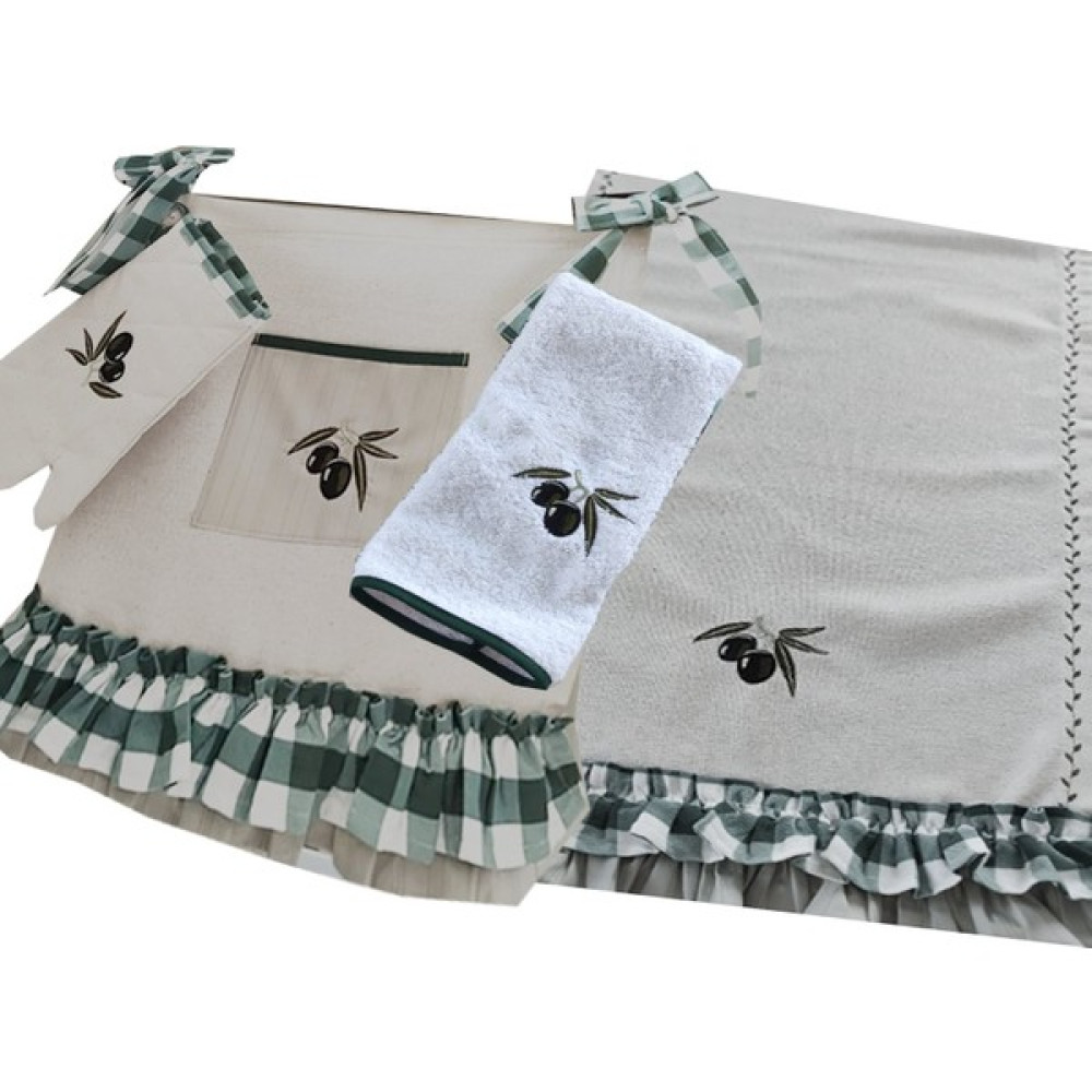 Sister Home Design Zeytin Nakışlı, Fırfırlı, Buldan Keten Seti 4'lü (Fırın Örtüsü, Runner, Eldiven, Havlu) - Koyu Yeşil - 45 x 145 cm Mutfak Tekstili Seti Fiyatı