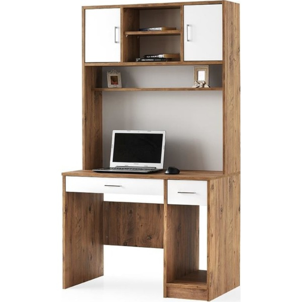 Sivasgözde Kitaplıklı Dolaplı Çalışma Masası 100X184X60CM - Y: 180 cm D: 60 cm G: 100 cm - Beyaz - Ceviz Çalışma Masası Fiyatı